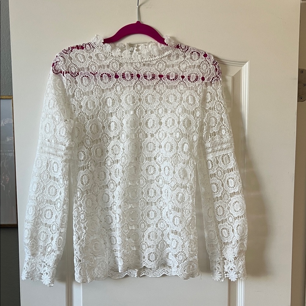 White Lace Long-Sleeve Blouse - Women's Crochet Top